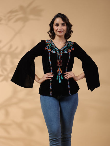 Black Embroidered Flare Sleeve Top