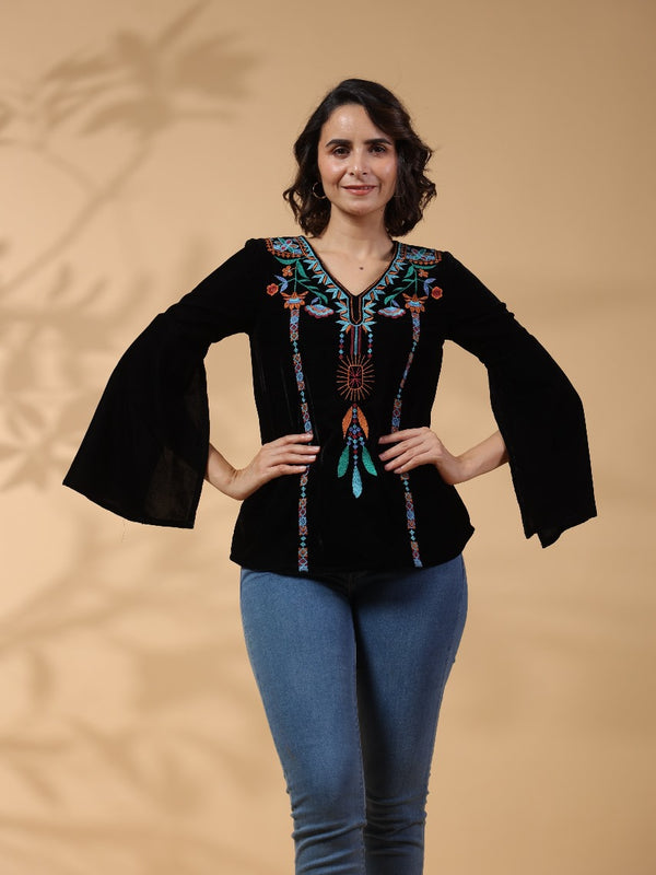 Black Embroidered Flare Sleeve Top
