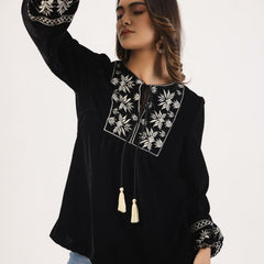 Designer Black Top with White Embroidery