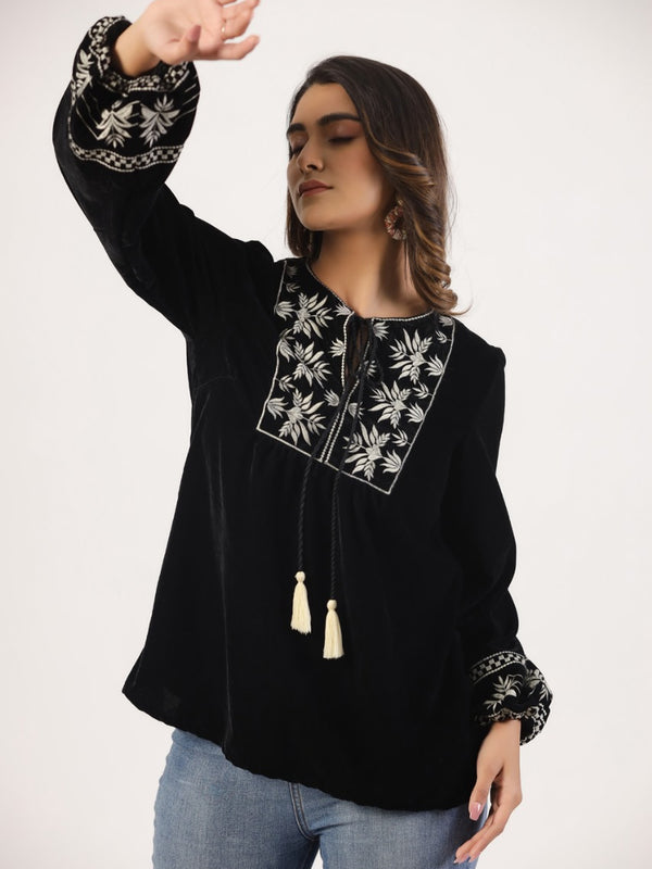 Designer Black Top with White Embroidery