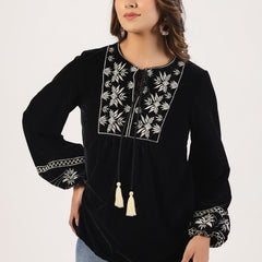 Designer Black Top with White Embroidery
