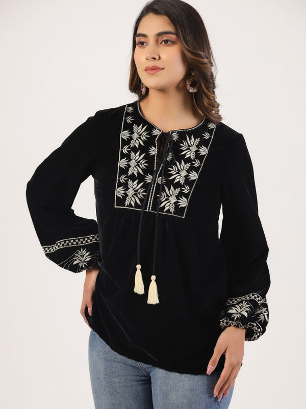 Designer Black Top with White Embroidery
