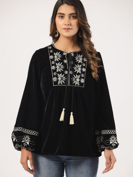 Designer Black Top with White Embroidery