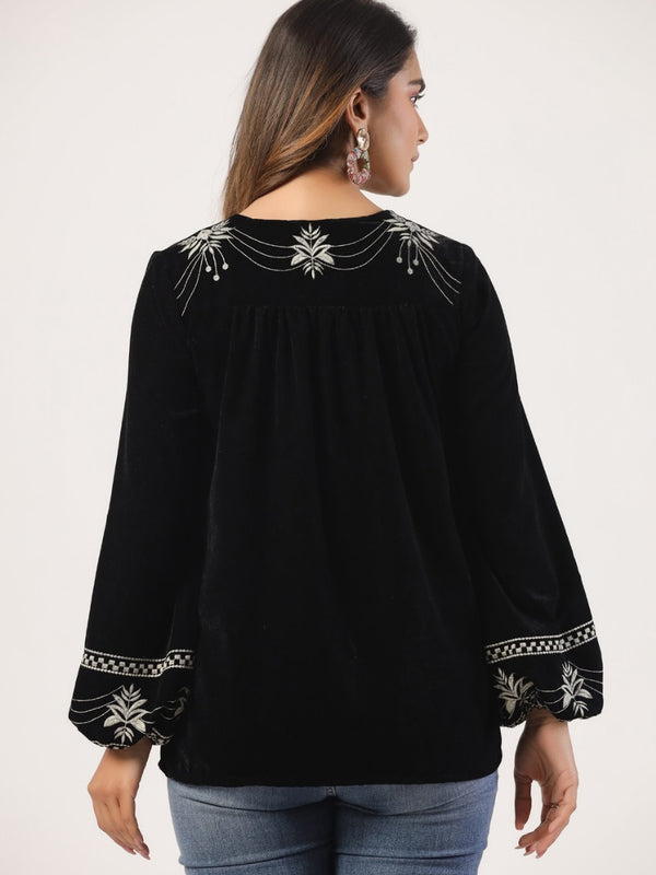 Designer Black Top with White Embroidery