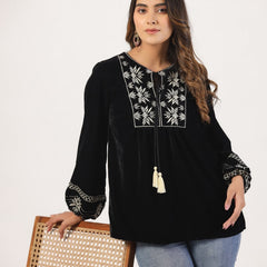 Designer Black Top with White Embroidery