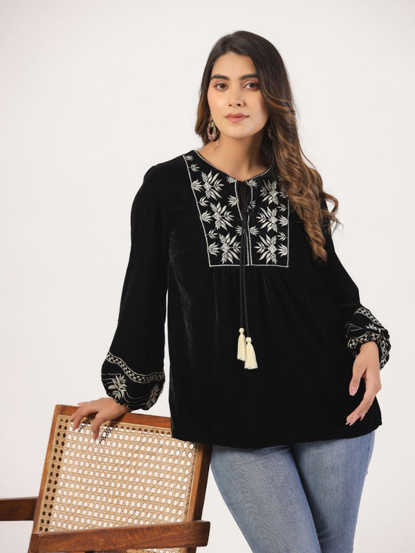 Designer Black Top with White Embroidery