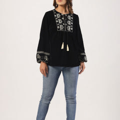 Designer Black Top with White Embroidery