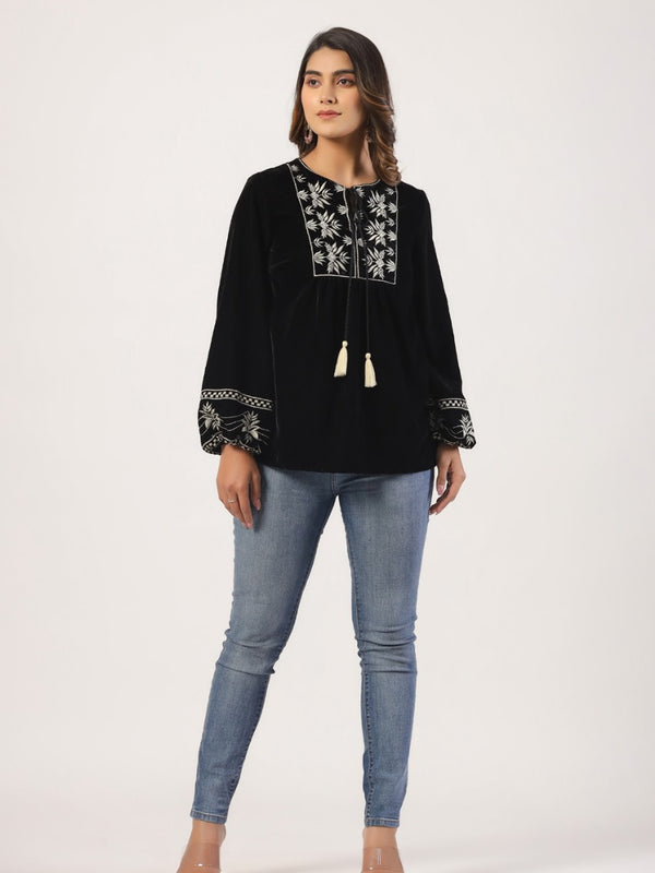 Designer Black Top with White Embroidery