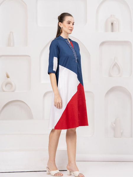 Multi-Color Embroidered Cotton Knee-Length Dress with Closed Neck