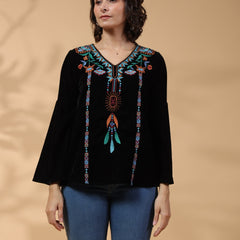 Black Embroidered Flare Sleeve Top