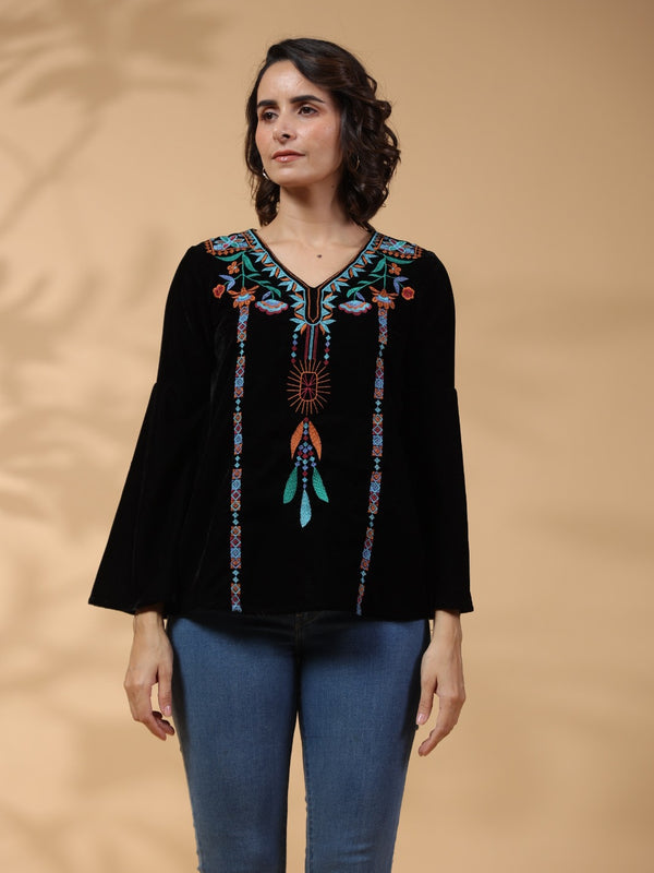 Black Embroidered Flare Sleeve Top