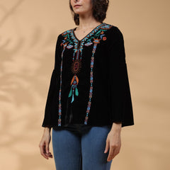 Black Embroidered Flare Sleeve Top