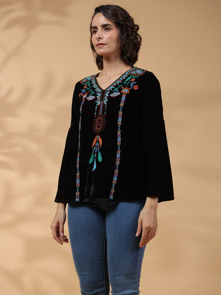 Black Embroidered Flare Sleeve Top