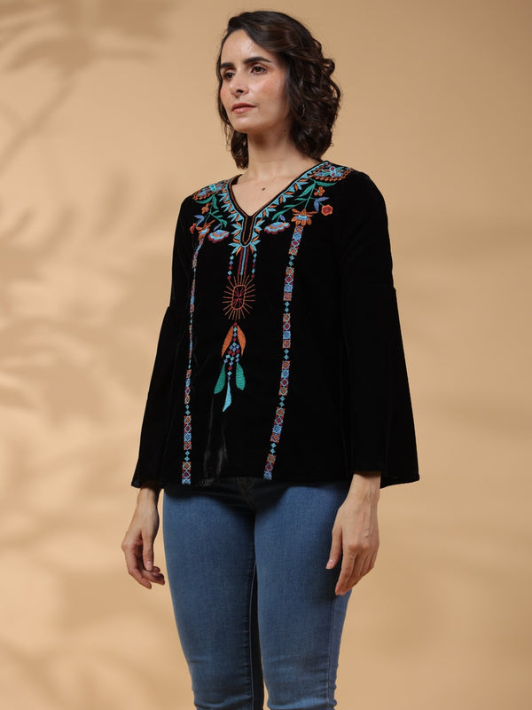 Black Embroidered Flare Sleeve Top