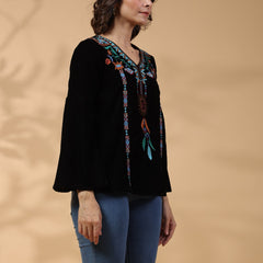 Black Embroidered Flare Sleeve Top
