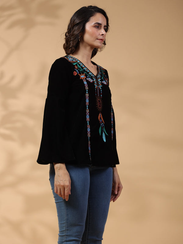 Black Embroidered Flare Sleeve Top