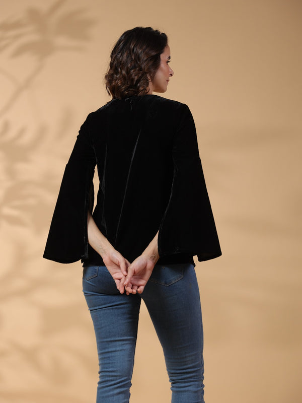 Black Embroidered Flare Sleeve Top