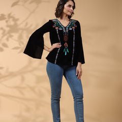 Black Embroidered Flare Sleeve Top
