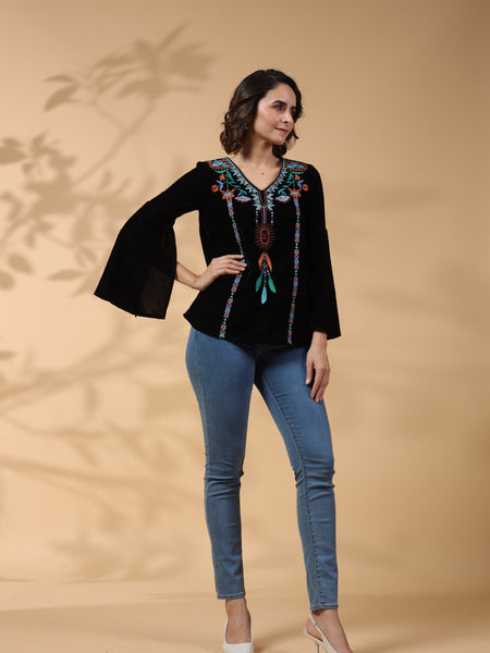 Black Embroidered Flare Sleeve Top