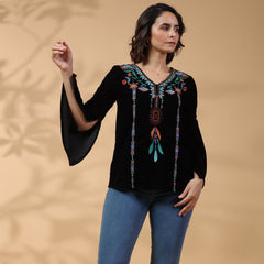 Black Embroidered Flare Sleeve Top