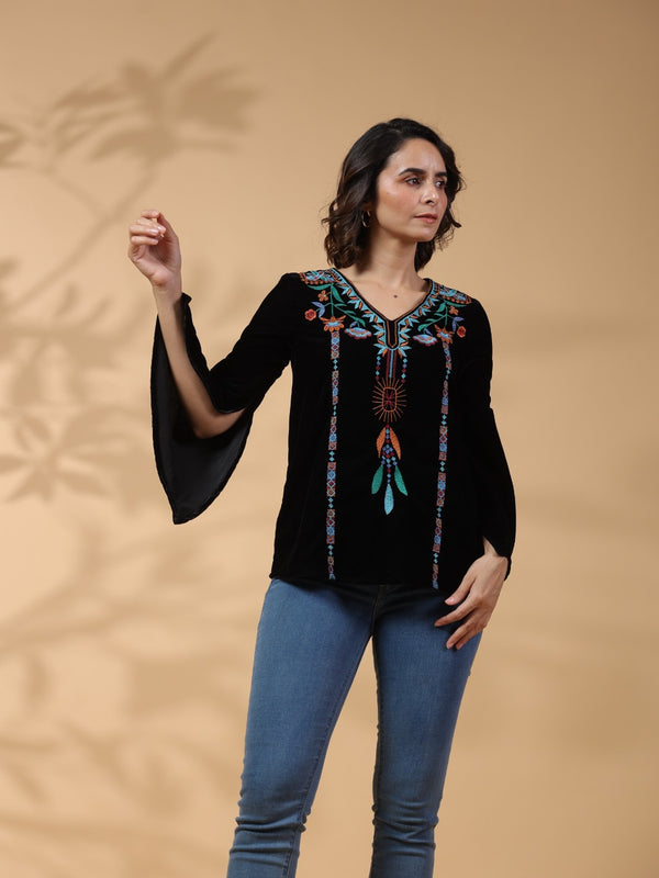Black Embroidered Flare Sleeve Top