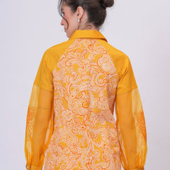 Women Mustard Yellow Printed Shirt with Sheer Sleeves