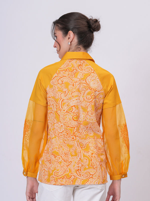 Women Mustard Yellow Printed Shirt with Sheer Sleeves