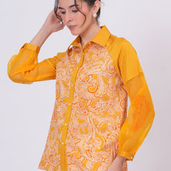 Women Mustard Yellow Printed Shirt with Sheer Sleeves