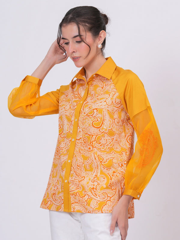Women Mustard Yellow Printed Shirt with Sheer Sleeves