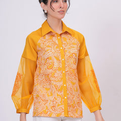 Women Mustard Yellow Printed Shirt with Sheer Sleeves