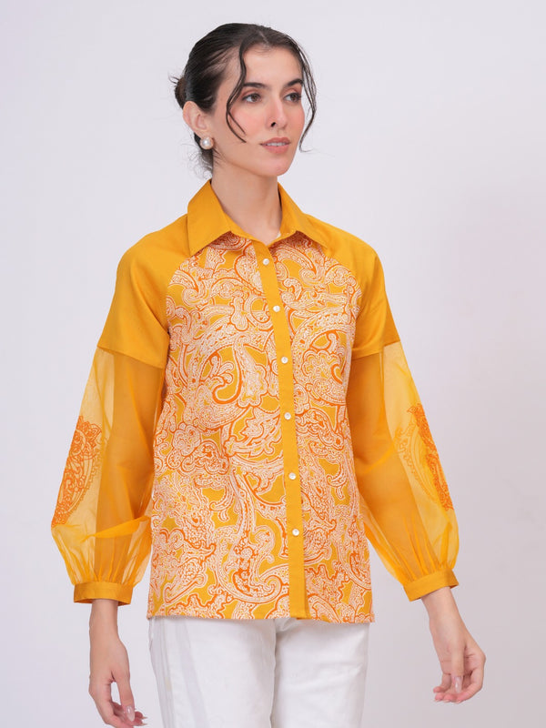 Women Mustard Yellow Printed Shirt with Sheer Sleeves
