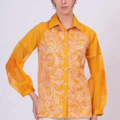 Women Mustard Yellow Printed Shirt with Sheer Sleeves