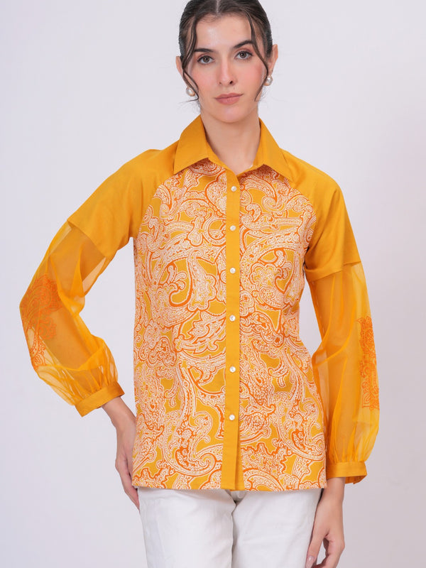 Women Mustard Yellow Printed Shirt with Sheer Sleeves