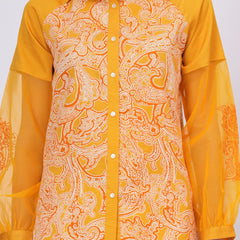 Women Mustard Yellow Printed Shirt with Sheer Sleeves