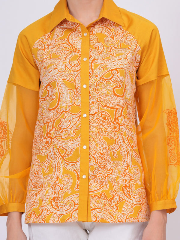 Women Mustard Yellow Printed Shirt with Sheer Sleeves