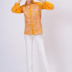 Women Mustard Yellow Printed Shirt with Sheer Sleeves