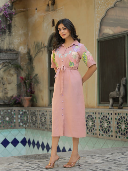 Elegant Light Pink Cotton Embroidered Dress