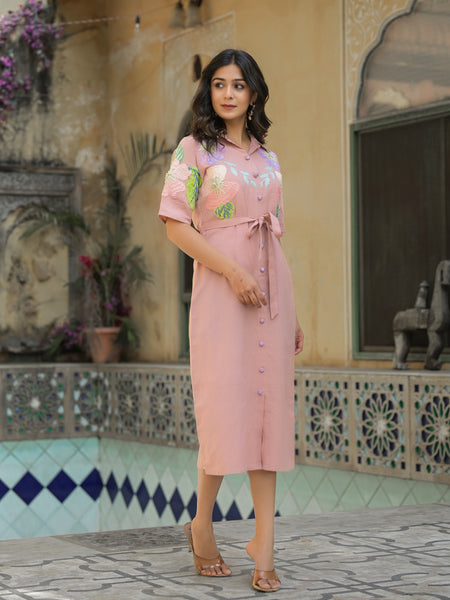 Elegant Light Pink Cotton Embroidered Dress