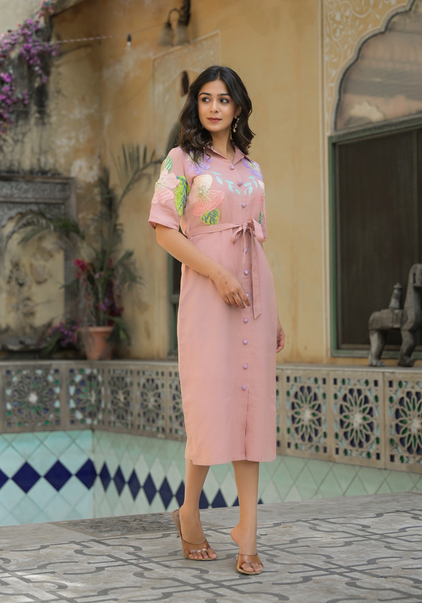 Elegant Light Pink Cotton Embroidered Dress