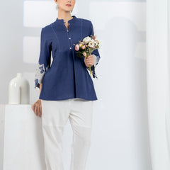 Blue Cotton Top with Embroidered Sleeves
