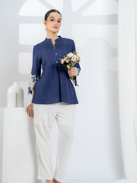 Blue Cotton Top with Embroidered Sleeves