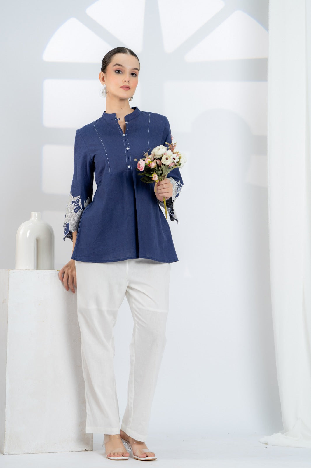 Blue Cotton Top with Embroidered Sleeves