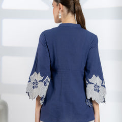 Blue Cotton Top with Embroidered Sleeves