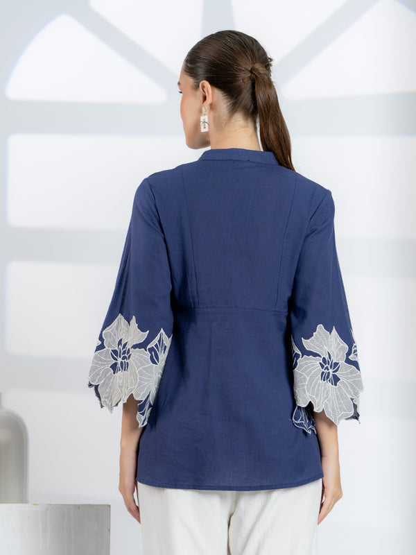 Blue Cotton Top with Embroidered Sleeves