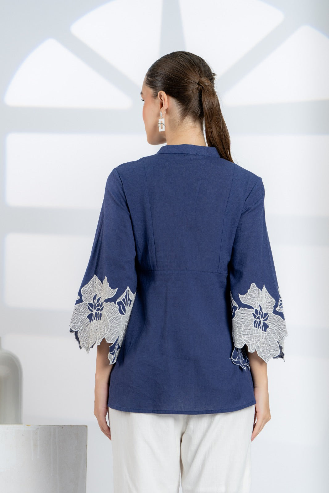 Blue Cotton Top with Embroidered Sleeves