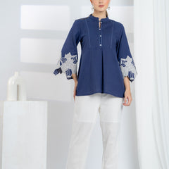 Blue Cotton Top with Embroidered Sleeves