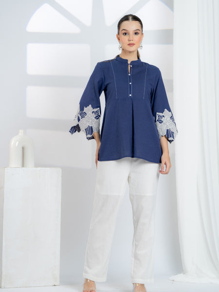 Blue Cotton Top with Embroidered Sleeves