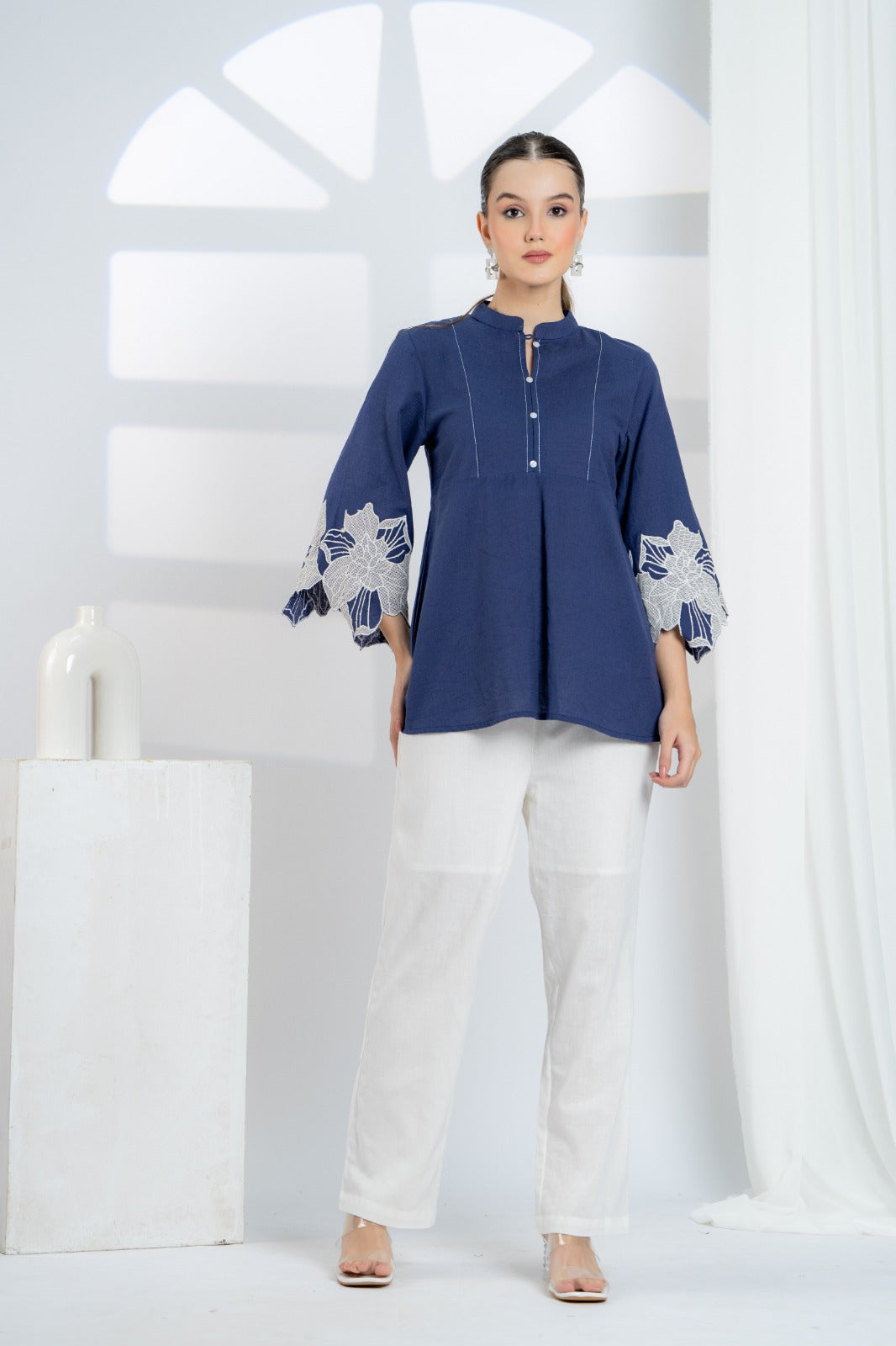 Blue Cotton Top with Embroidered Sleeves