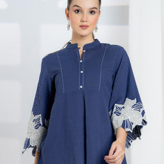 Blue Cotton Top with Embroidered Sleeves
