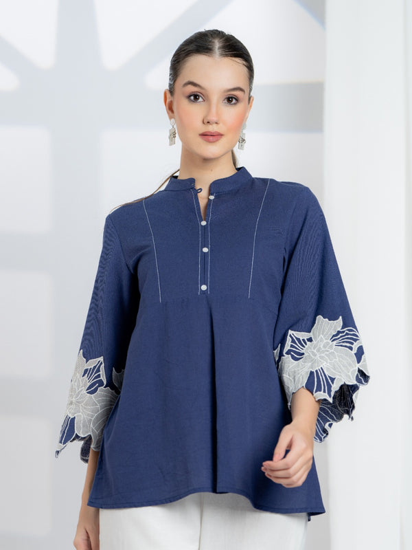 Blue Cotton Top with Embroidered Sleeves
